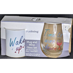 MUG Wake Up 11oz & WINE GLASS 18oz Time To Wine Down Brand New Gift